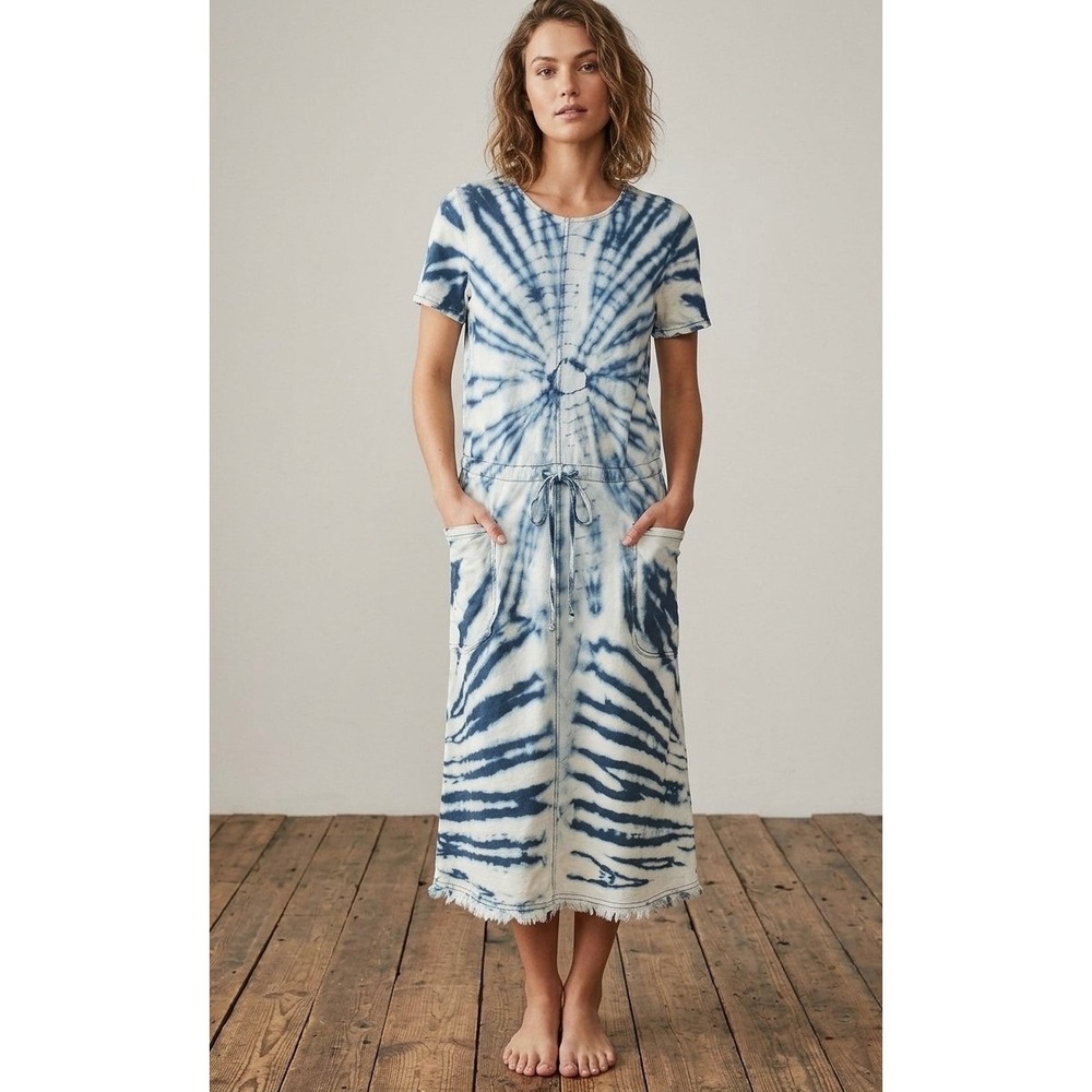 Raquel Allegra Blue White Tie Dye Cotton Linen Midi Dress Drawstring Size 2